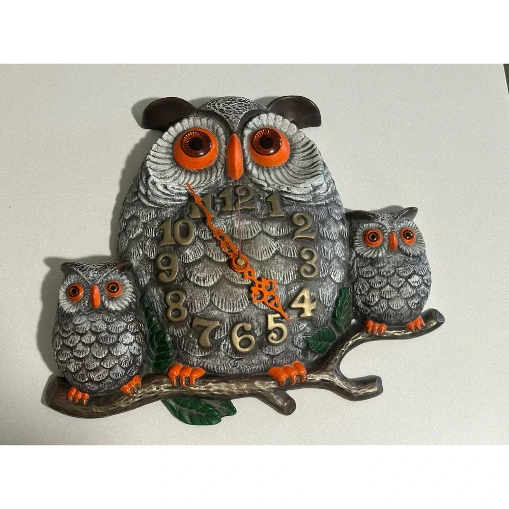 VTG Handmade Ceramic 3 Owl Family On Branch Wall Clock Retro 1975 Boho Works!